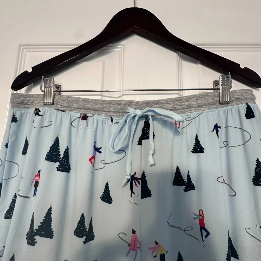 Kate Spade Holiday Christmas Skating Winter Blue Gray Jogger Pajamas Size XL - Picture 9 of 12